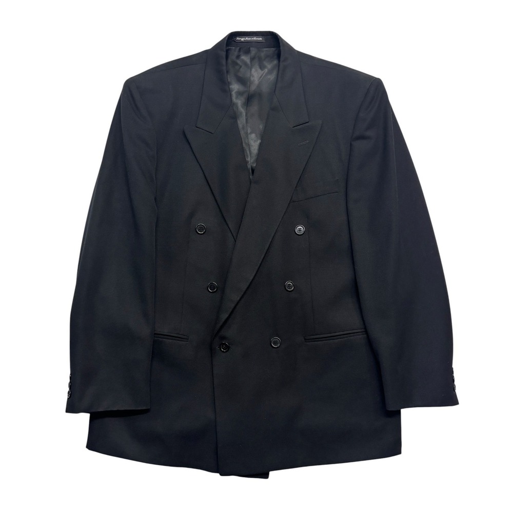 vtg 90s Franco Tassi 44L Black Double Breasted Blazer Jacket Wool Suit Coat